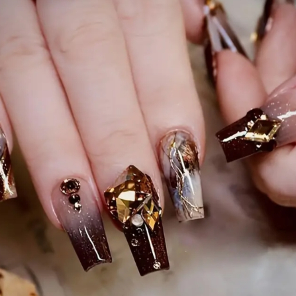 🔥3/$21 Elegant Brown and Gold Press On Nails Set